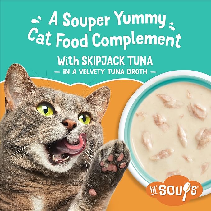 Friskies Purina Grain Free Senior Lickable Cat Food Toppers Lil’ Soups with Skipjack Tuna in a Velvety Tuna Broth - 1.2 oz. Cup,(Pack of 16)