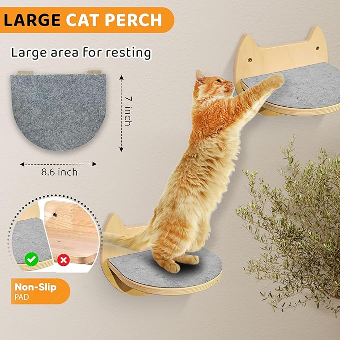 Cat Wall Shelves – 3 Steps Climbing Furniture & Perch for Indoor Cats up to 30lbs, Wooden Floating Shelf with Non-Slip Pad Bed, Modern Corner & Wall Mounted for Playing and Lounging - Natural