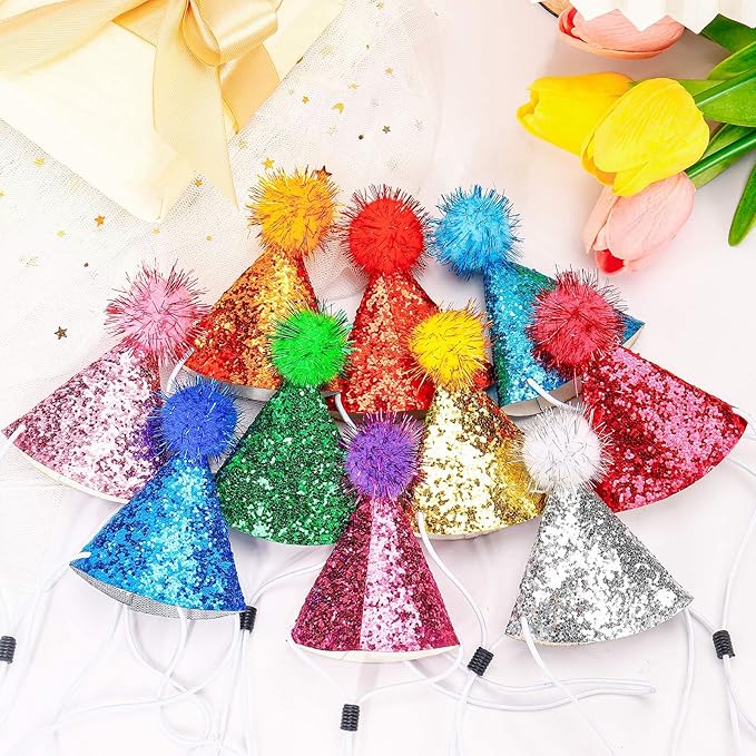 10Pcs Small Dog Party Hats with Sequins, Cats Adjustable Holiday Hats, Puppy Paper Hats for Birthday, Mini Party Hats for Stuffed Animals, Glitter Birthday Party Hats with Pom Poms for Pets