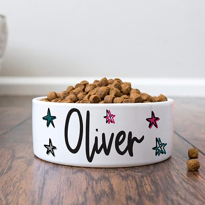 Personalized Ceramic Dog Bowl w/Name - 2 Sizes for Small and Large Dogs, Cats - Food and Water Dish, Custom Pet Owner Gifts | Stars, 6 Inches