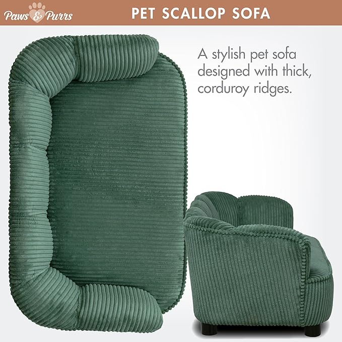 Paws & Purrs Retro Scalloped Back Sofa Style Pet Bed, Dog & Cat Couch with Tufted Cushion & Armrest, Stylish Indoor Pet Furniture, Sage
