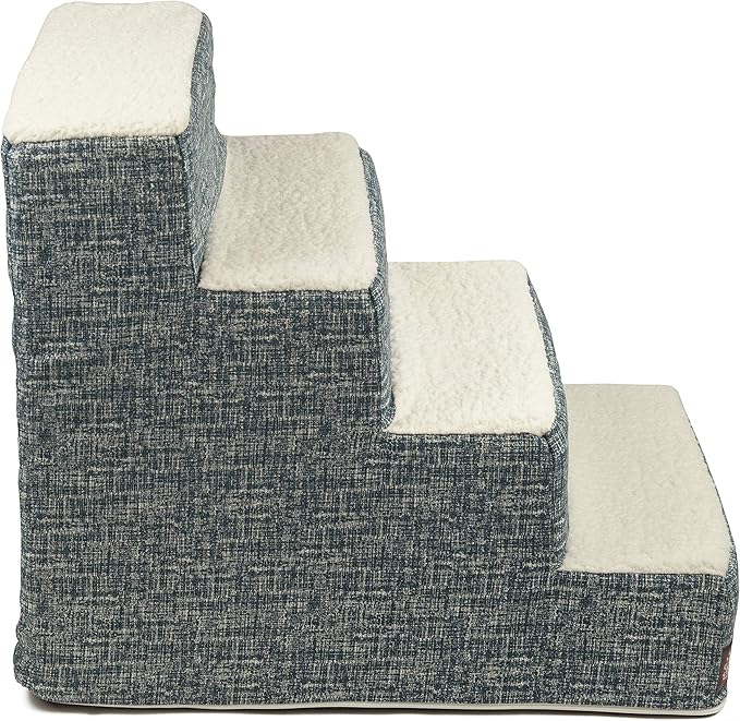 Majestic Pet 4 Step Portable Dog Stairs for Small Dogs to get on Bed Supports 25 lbs or Less –Dog Steps for High Bed with Machine Washable Cover –Pet Stairs for Cats Palette Heathered Navy Blue Denim