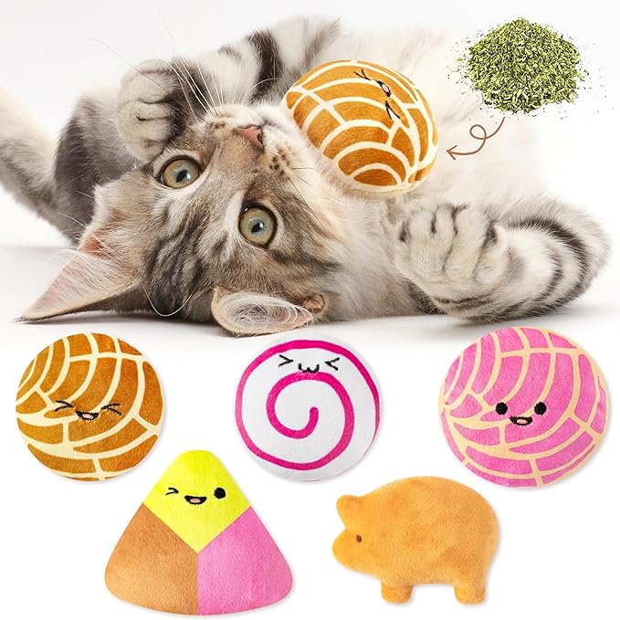 L1rabe Mexican Catnip Stuffed Toys for Cats - 5Pcs Pet Days Mexican Concha Catnip Toys, Pan Dulce Toys for Cat Lovers Fiesta Gift Indoor Kitten Chew Bite Kick Non-Toxic Interactive Pet Supplies