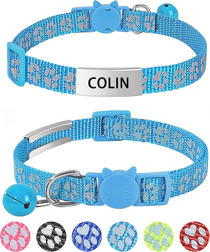 LaReine Reflective Cat Collars Breakaway with Bell and ID Tag - with Personalization Options (7.5"-12.5" Neck, Customized - SkyBlue)