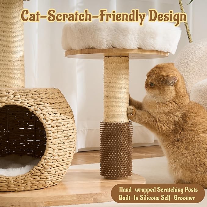 Modern Cat Tree Tower for Indoor Cats, 30" Solid Wood & Rattan Cat Tree Tower with Scratching Posts & Self-Groomer, Super Soft Plush Bed, Hand-Made Wicker Cat Bed Cave for Small to Medium Cats