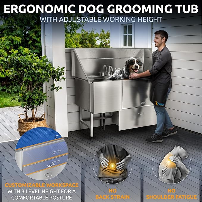 KANIS Professional Dog Washing Station 304 Stainless Steel Pet Wash Sink & Grooming Bathtub w/Shower, Floor Grates and Storage for Large, Medium & Small Pets (Silver, 61 Inches, Left Ramp, 1 Drawer)