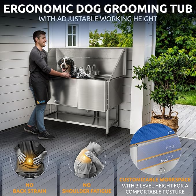 KANIS Professional Dog Washing Station 304 Stainless Steel Pet Wash Sink & Grooming Bathtub w/Shower, Floor Grates and Storage for Large, Medium & Small Pets (Silver, 61 Inches, Right Ramp, Shelf)