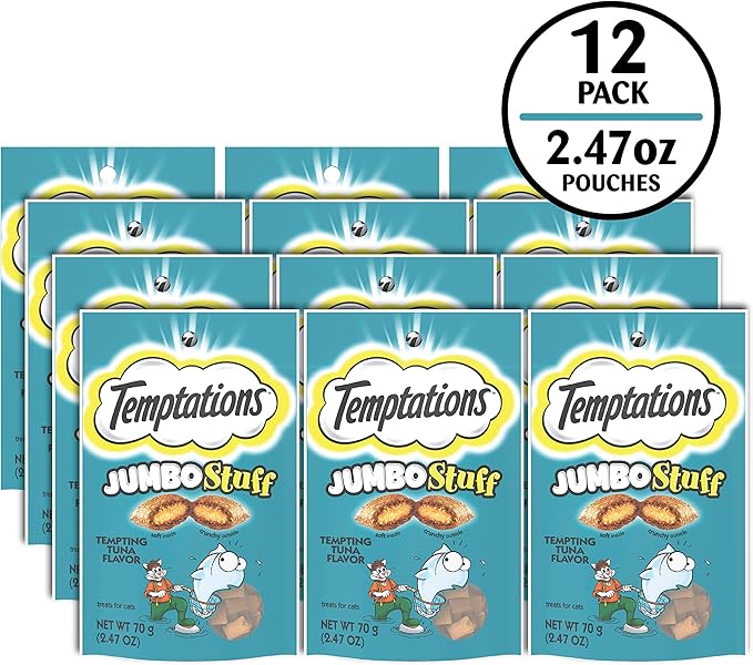 Temptations Jumbo Stuff Crunchy and Soft Cat Treats, Tempting Tuna Flavor, 2.5 oz. Pouch (Pack of 12)