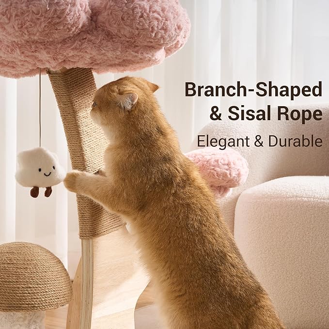 Aesthetic Flower Cat Tree Tower with Scratching Post for Indoor Cats, 30" H Modern Cat Tree with Wood Sculpted Branch, Flower Cat Beds, Mushroom Scratcher & Interactive Squeaky Toy, Pink