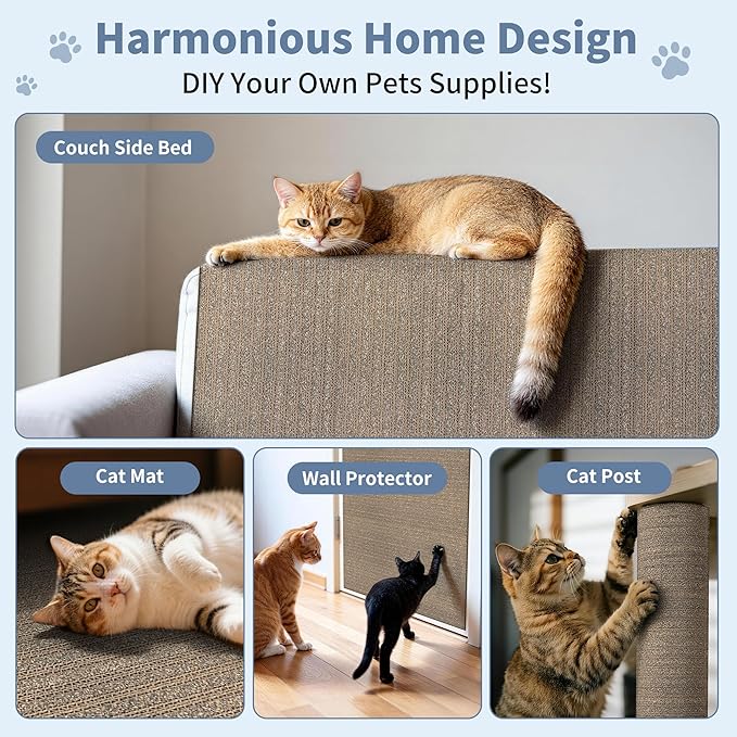 Natural Cork Cat Scratcher Mat, Self-Stick & Trimmable Furniture Protector for Couch, Door, Wall & Bed Corner, Claw-Friendly for Indoor Cats (Smoke Gray, 39.4 x 11.8 Inch)
