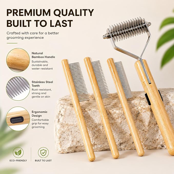 Bamboo Pet Grooming Kit for Medium to Long Haired Dogs & Cats, 4-in-1 Dematting Comb Set with Undercoat Rake, Fine/Wide & Long/Short Tooth Combs, Gentle Deshedding Tools for Indoor Pets