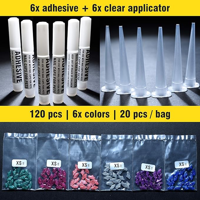 zetpo Glitter Cat Nail Caps | Cat Claw Covers | with Adhesives and Applicators (6X Glitter | 120 pcs, XS)