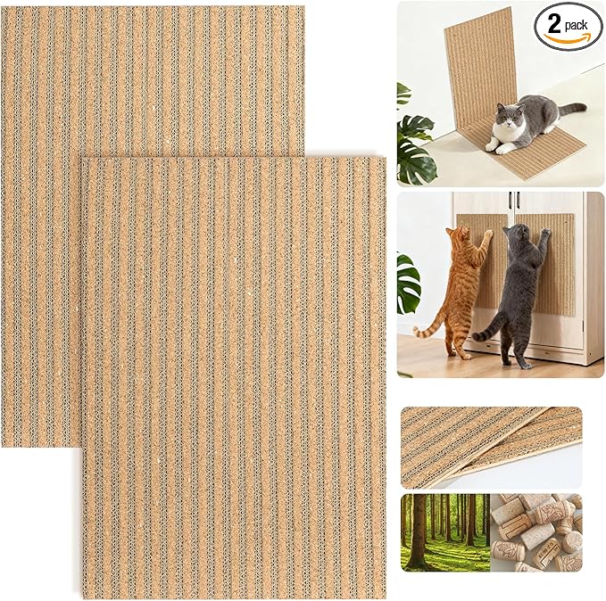 Natural Cork cat Scratch pad for Cats-cat scratchers for Indoor-cat Scratching-cat Scratcher Furniture for Wall & Floor - cat Scratching Posts ardboard Blend, No Mess Splinters Easy Clean-2 Pack