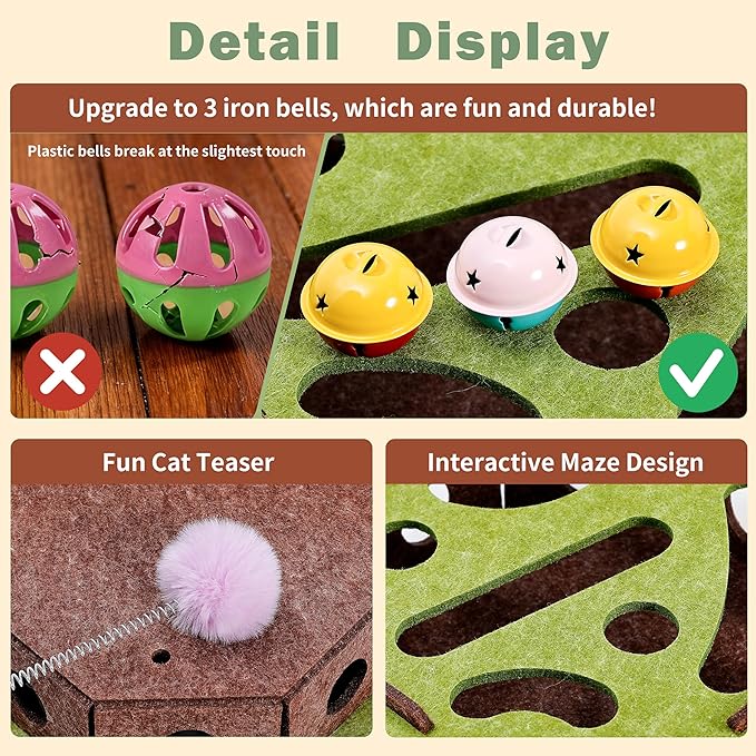 Interactive Cat Puzzle Toy for Indoor Cats, Felt Cat Puzzle Feeder Box with 3 Metal Balls and Wand. Cat Scratch Puzzle Enrichment Box for Self-Play & Encourages Hunting Instincts.