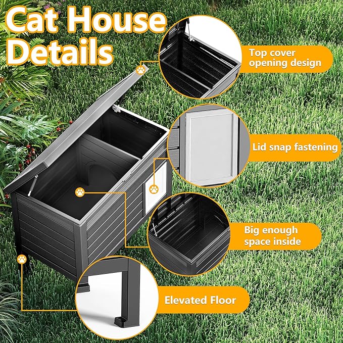 Outdoor Heated Cat House for Outside, Insulated Cat House Outdoor Weatherproof with Heated Pad & Air Rods for Winter, Large Outside Cat Shelter with Raised Floor & Ground Spike for Feral Cats, Black