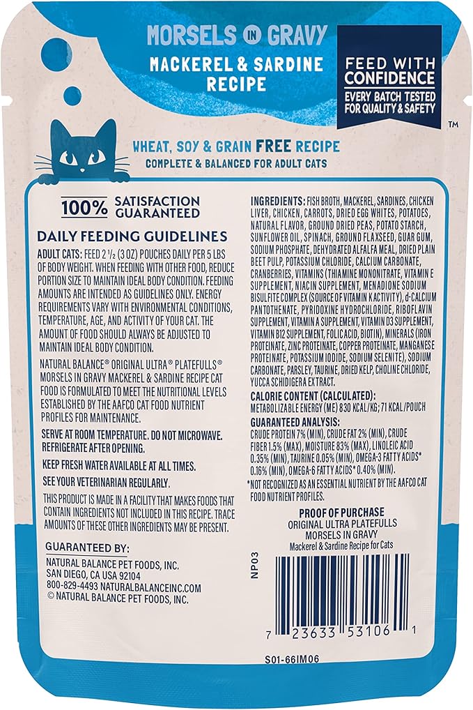 Natural Balance Original Ultra Platefulls Indoor Adult Grain Free Wet Cat Food, Mackerel & Sardine Recipe, 3 Ounce Pouch (Pack of 24)