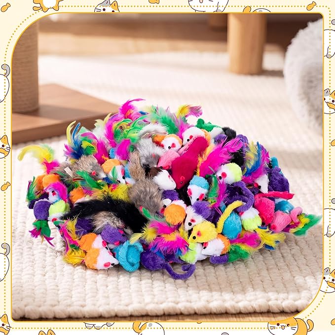 Leitee 201 Pcs Assorted Mice Cat Toys Bulk with Cat Paw Gift Storage Bags Set, Small Furry Mouse Kitten Toy for Indoor Cats, Interactive Play Color Varies (Mix Mice)