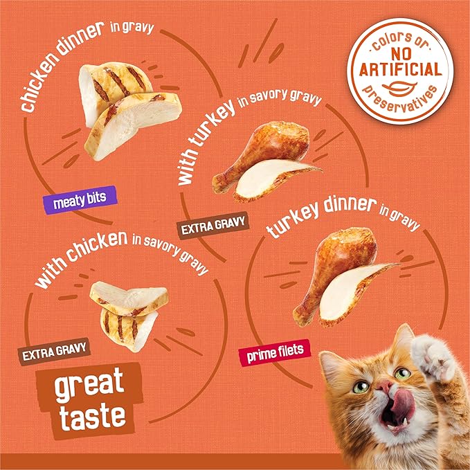 Purina Friskies Wet Cat Food Gravy Variety Pack, TurChicken Extra Gravy Chunky, Meaty Bits and Prime Filets - 5.5 oz. Cans (Pack of 80)