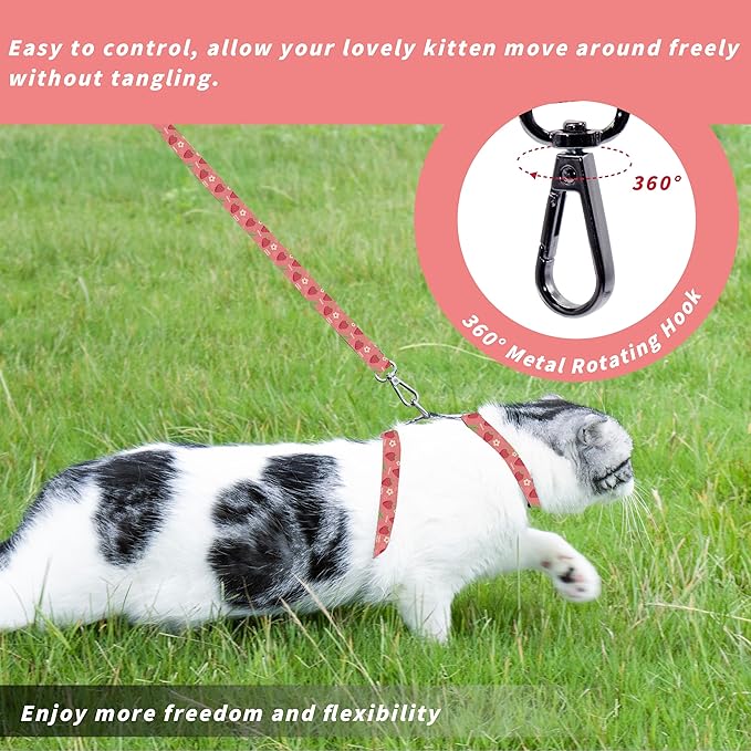 Seyezo Cat Harness and Leash Set, Adjustable Kitten Harness Escape Proof Cats Harness, Soft Lightweight Walking Travel Pet Harness, Cute Kitty Harness Leash Set for Small Medium Cats, Pink Strawberry