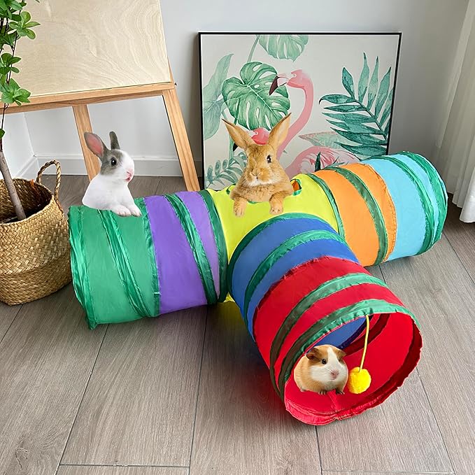 Cat Tunnel Tube Toy Collapsible 3 Way Rainbow T-Shape, Pet Tunnels for Indoor Cats, Hanging Ball Perfect for Kitten, Puppy, Rabbit, Interactive Toys for Fun Playtime & Exercise