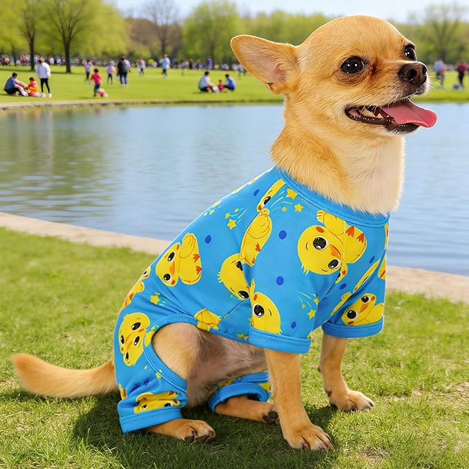 Dog Pajamas Summer Cute Print Puppy Jumpsuit Thin Dog Onesie Small Dog Clothes with Comfy & Elastic Frbic Puppy Pjs(Blue Duck, X-Small)