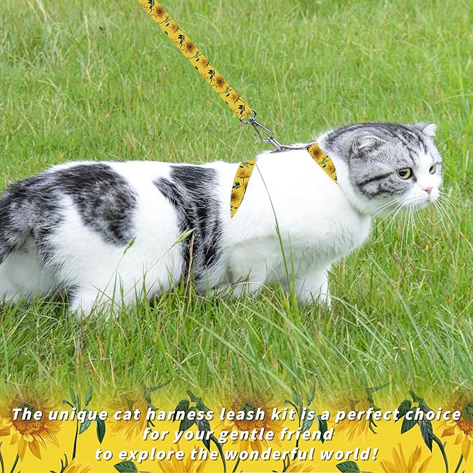 Seyezo Cat Harness and Leash Set, Adjustable Kitten Harness Escape Proof Cats Harness, Soft Lightweight Walking Travel Pet Harness, Cute Kitty Harness Leash Set for Small Medium Cats, Yellow Sunflower
