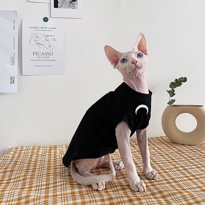 Sphynx Cat Clothes, Moon Print Turtleneck Cotton T-Shirt for Devon Rex Sphynx Cats (Black Short Sleeve, X-Small)