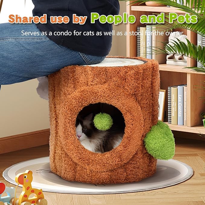 KAMABOKO Cat House for Indoors Cats, Luxury Cat House Bed with Scratch Table ＆ Soft Cushion, Cat Condo with Hanging Ball Toy for Small Medium Pets, Brown