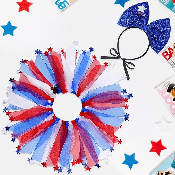 2 Pcs 4th of July Dog Outfit Cute Pet Bow Headband and Collar for Small Medium Dog Cat Independence Day Party Accessories