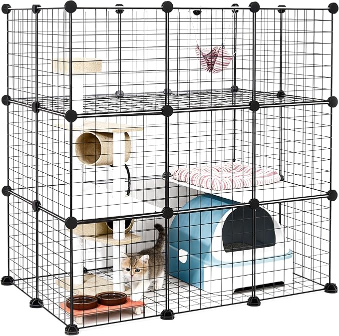DIY Modular Cat Enclosure 3x3x2 Grid | Extra Large Indoor Cat Playpen | Foldable Black Wire Metal Cat Cage with Multi-Level Shelves | Approx. (43.7" x 29.5" x 43.3")