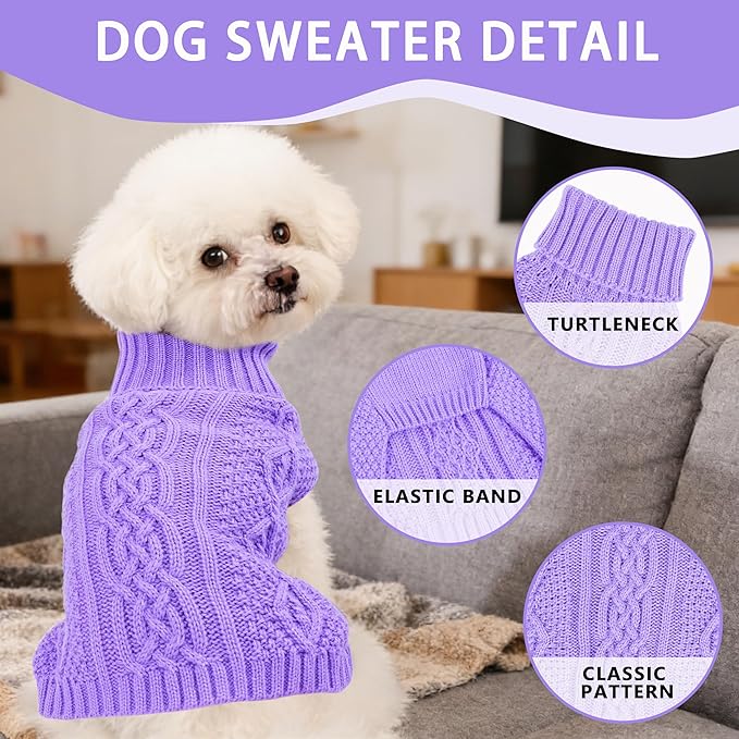 Small Dog Sweater Dog Clothes for Small Dogs Winter Puppy Clothes Warm Pet Cat Sweater Doggy Pullover Turtleneck Outfit with Twisted Design XS~XL (Purple, Medium)