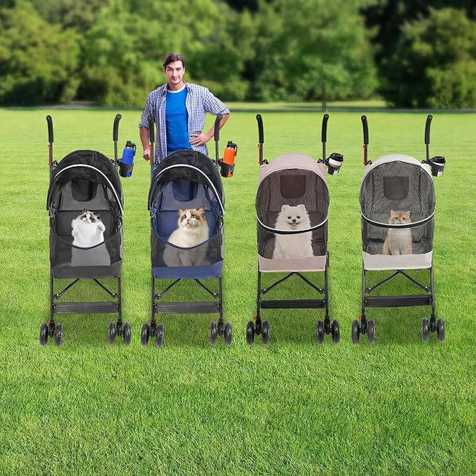 4-Wheel Pet Travel Stroller, Foldable & Lightweight Dog Cat Cage Jogger Stroller, Breathable and Visible Mesh for Small & Medium Dogs & Cats (Up to 22lbs) (Black)