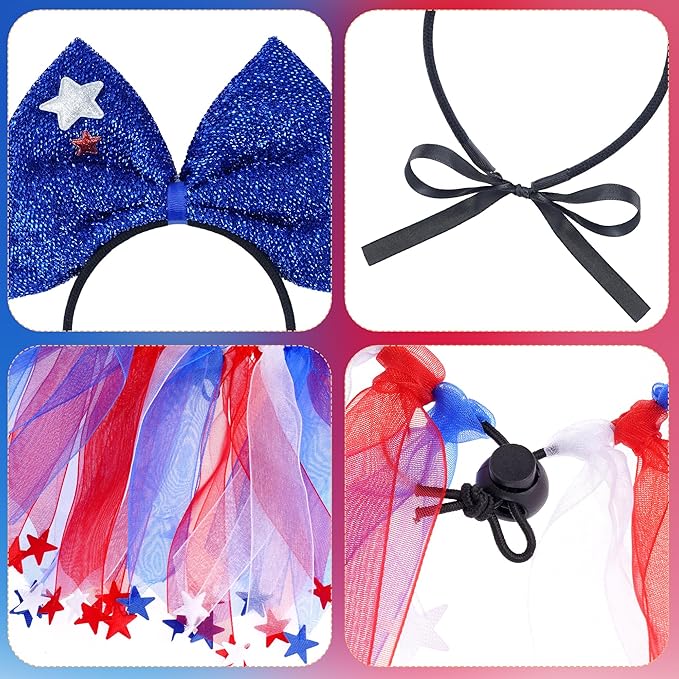 2 Pcs 4th of July Dog Outfit Cute Pet Bow Headband and Collar for Small Medium Dog Cat Independence Day Party Accessories