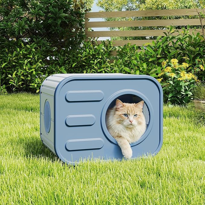 Insulated Outdoor Cat House Weatherproof, Plastic Feral Cat Houses for Outdoor Indoor Cats with Camera-Shaped, Stackable Outside Cat House Shelter for Several Cats, Easy to Assemble, Blue