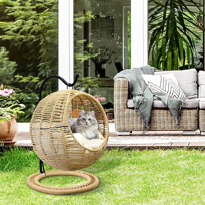 BROWN-BROWN Handmade Wicker Hanging Cat Bed – Swinging Egg Chair with Removable Cushion & Hanging Ball, Cozy Cat Hammock for Bedroom & Living Room