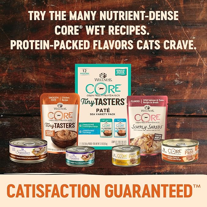 Wellness CORE Tiny Tasters Pate Adult Wet Cat Food, Natural, Protein Rich, Grain Free, Tuna and Salmon Recipe, 1.75 oz, Pack of 12 Pouches