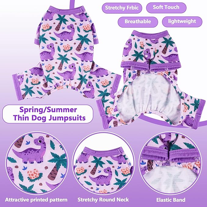 Dog Summer Pajamas Onesie Soft Breathable Puppy Jumpsuit Lightweight Dog Clothes for Small Medium Dogs Cat Pet Clothes(Purple Dinasour, Small)