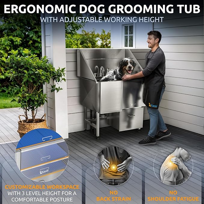 KANIS Professional Dog Washing Station 304 Stainless Steel Pet Wash Sink & Grooming Bathtub w/Shower, Floor Grates and Storage for Large, Medium & Small Pets (Silver, 40 Inches, Left Ramp, 1 Drawer)