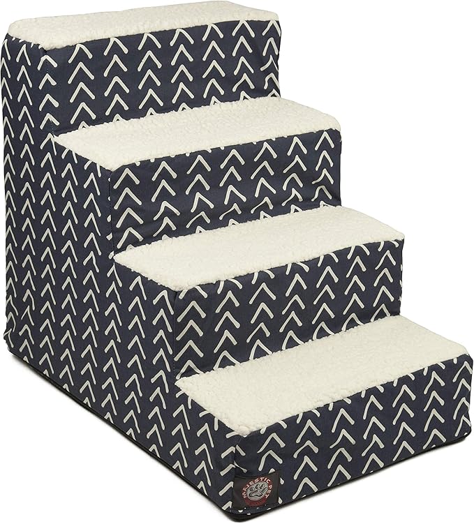 Majestic Pet 4 Step Portable Dog Stairs for Small Dogs to get on Bed Supports 25 lbs or Less – Dog Steps for High Bed with Machine Washable Cover – Pet Stairs for Cats Boho Arrow Navy Blue