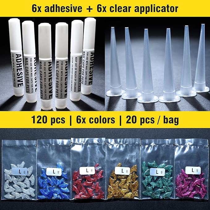 zetpo Glitter Cat Nail Caps | Cat Claw Covers | with Adhesives and Applicators (6X Glitter | 120 pcs, L)