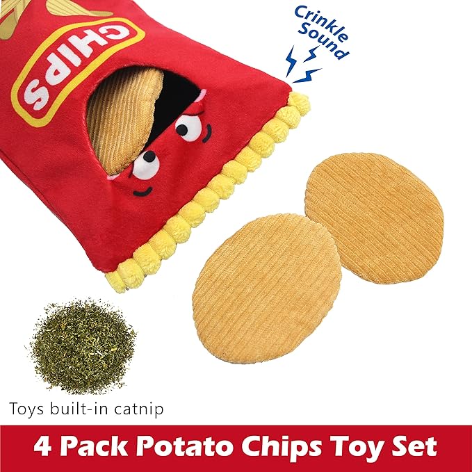 Jumpaws 4 Pack Burrow Catnip Cat Toys Potato Chips Set, Accessories for Indoor Cat, Catnip Plush Toy Set, Burrow Cat Toy
