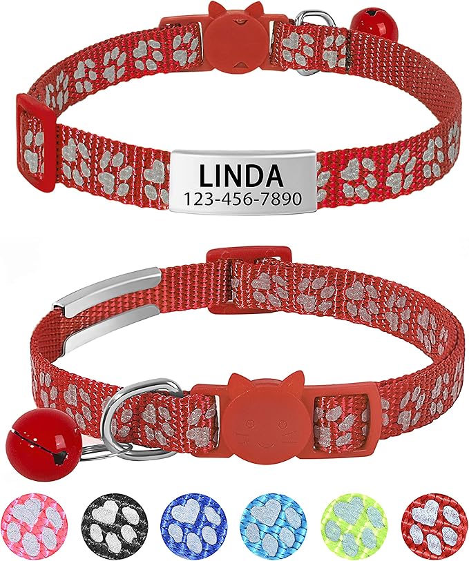 LaReine Reflective Cat Collars Breakaway with Bell and ID Tag - with Personalization Options (7.5"-12.5" Neck, Customized - Red)