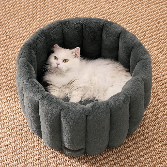 ZOMISIA Cute Cat Beds for Indoor Cats, Striped Small Donut Dog Bed for Puppy and Kitten, Anti-Slip Bottom, Grey