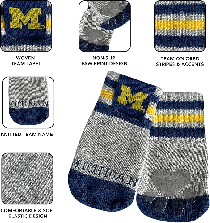 NCAA Michigan Wolverines Anti Slip Dog Socks with Elastic Ribbed Top, Size X-Small/Small. Indoor/Outdoor Socks, Best Dog Paw Protector, 2 Pairs of Pet Socks with Your Favorite Collegiate Sports Team