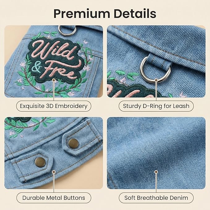 Dog Denim Vest Harness with D-Ring, Jean Jacket for Small Dogs & Puppies, Adjustable Pet Clothes for Chihuahua Yorkie Poodle, “Wild & Free” Embroidered Outfit(M)