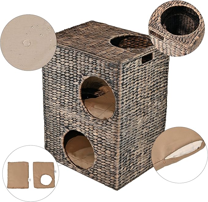 CHS1000B Jaxon 18" Modern Classic 2-Tier Handwoven Hyacinth Rectangular 5-Hole Cat Condo with 2 Machine-Washable Cushions, Brown