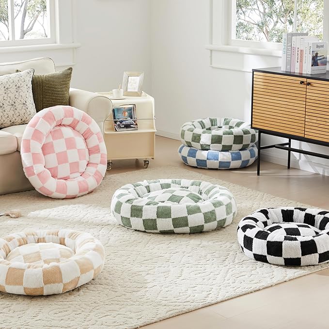 Ohocut Checkered Dog Bed, Cute Beige Khaki Retro Style Aesthetic Round Warming Pet Calming Beds for Small Dog and Cats, Plush Cozy Donut Dog Beds Washable, 30" L x 30" W x 8" Th