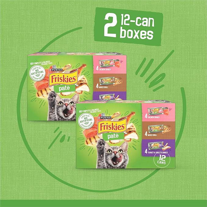 Purina Friskies Wet Cat Food Pate Variety Pack Salmon Dinner, Turkey and Giblets Dinner and Mixed Grill - (2 Packs of 12) 5.5 oz. Cans