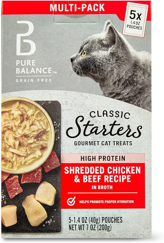 Pure Balance Classic Starters Gourmet Cat Treats, Shredded Chicken & Beef in Broth, High Protein, Soft Treats, 5 Pouches of 1.4 oz Inside, Wet Cat Treat Adult Cats 4 Box