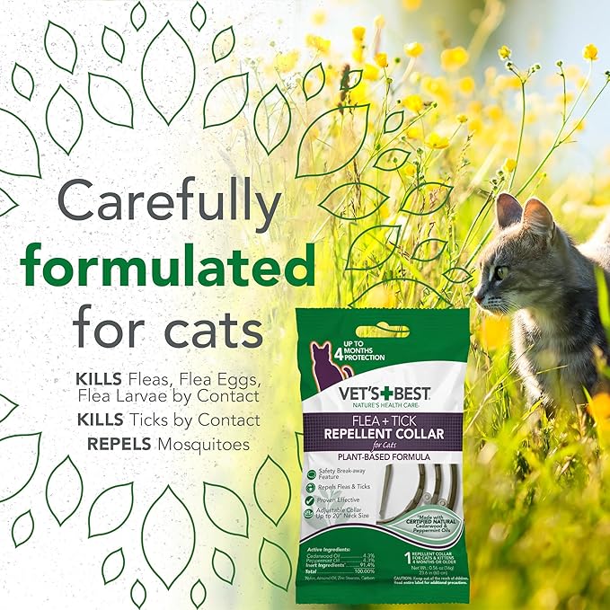 Vet’s Best Flea and Tick Repellent Collar for Cats, Plant-Based Flea and Tick Prevention Collar with Natural Oils, Adjustable Cat Collar Up to 20 Inch Neck